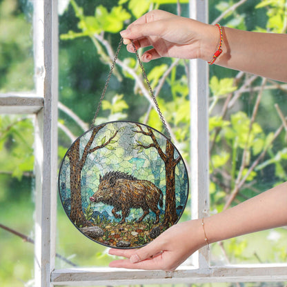 Wild Boar Forest Scene Stained Glass Suncatcher Woodland Animal Window Decor Gift for Nature Lover