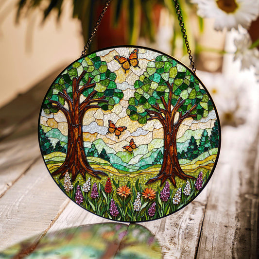 Forest Trees Butterfly Suncatcher Nature Stained Glass Window Decor Gift for Mom Birthday or Mother’s Day