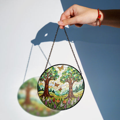 Forest Trees Butterfly Suncatcher Nature Stained Glass Window Decor Gift for Mom Birthday or Mother’s Day