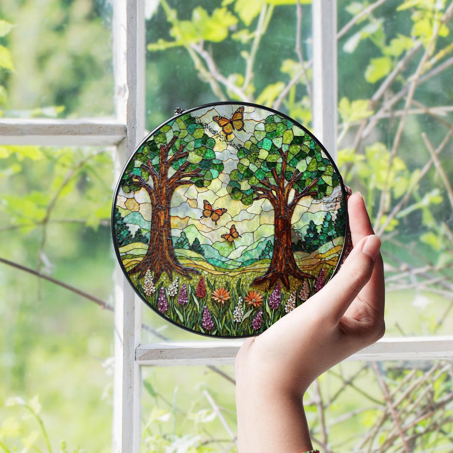 Forest Trees Butterfly Suncatcher Nature Stained Glass Window Decor Gift for Mom Birthday or Mother’s Day