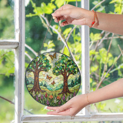 Forest Trees Butterfly Suncatcher Nature Stained Glass Window Decor Gift for Mom Birthday or Mother’s Day
