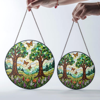 Forest Trees Butterfly Suncatcher Nature Stained Glass Window Decor Gift for Mom Birthday or Mother’s Day