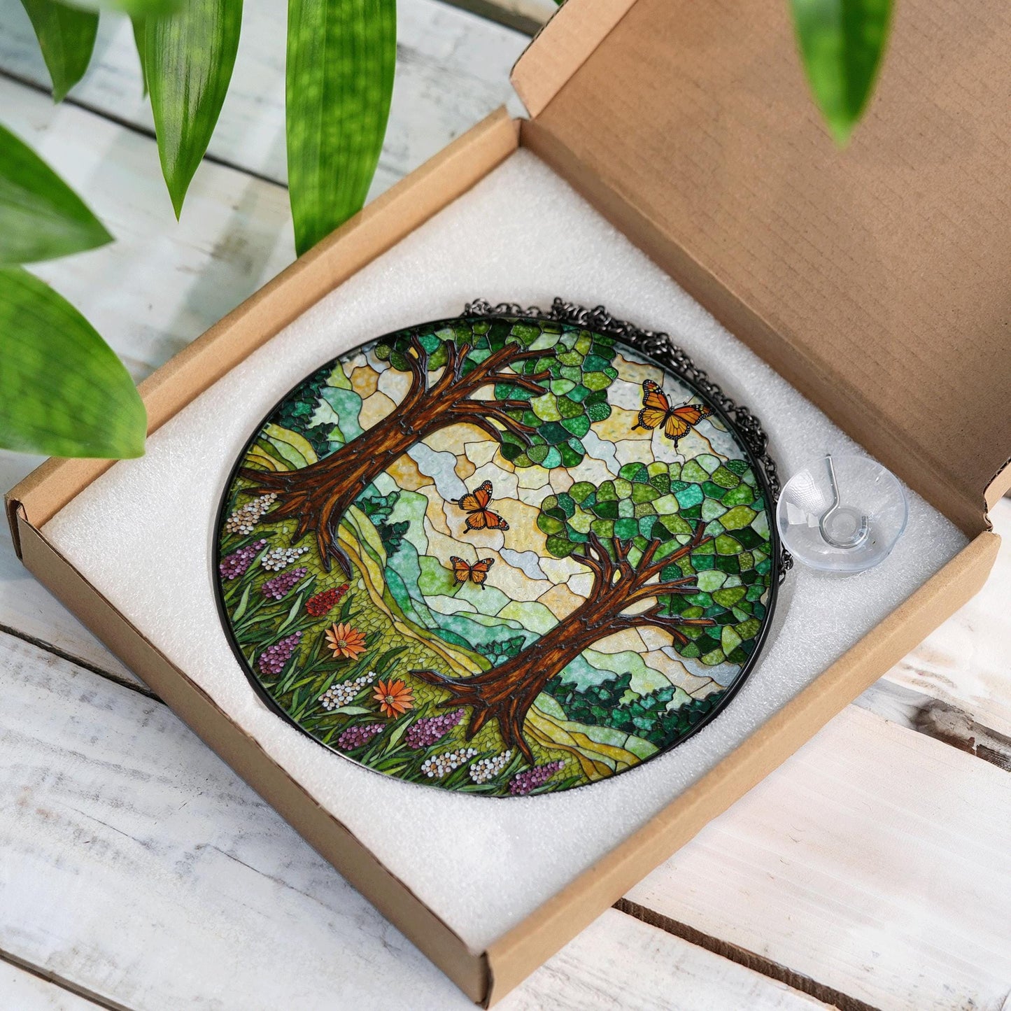 Forest Trees Butterfly Suncatcher Nature Stained Glass Window Decor Gift for Mom Birthday or Mother’s Day