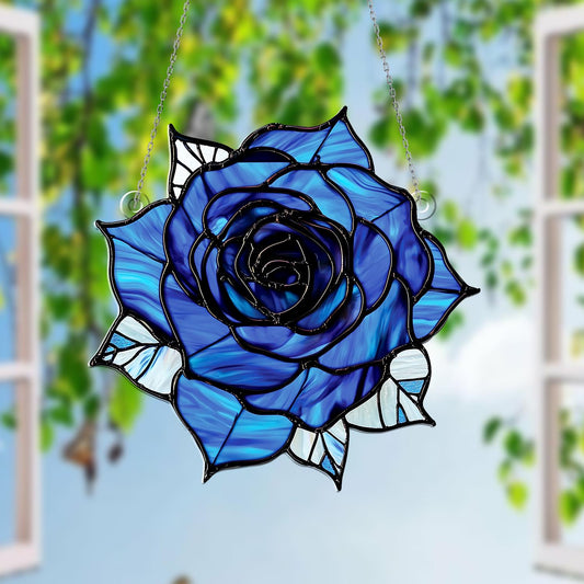 Blue Rose Acrylic Window Hanging – Elegant Floral Sun Catcher for Romantic, Garden, and Nature Inspired Home Window or Wall Décor