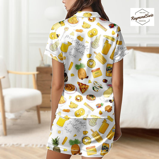 Pineapple Print Pajama Set, Yellow Button Up Pajama, Cute Shorts Pyjama, Matching PJs Set