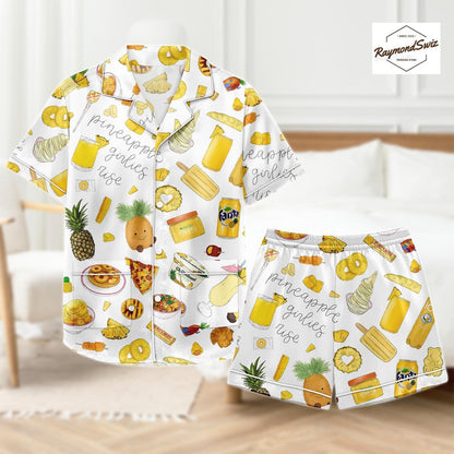 Pineapple Print Pajama Set, Yellow Button Up Pajama, Cute Shorts Pyjama, Matching PJs Set