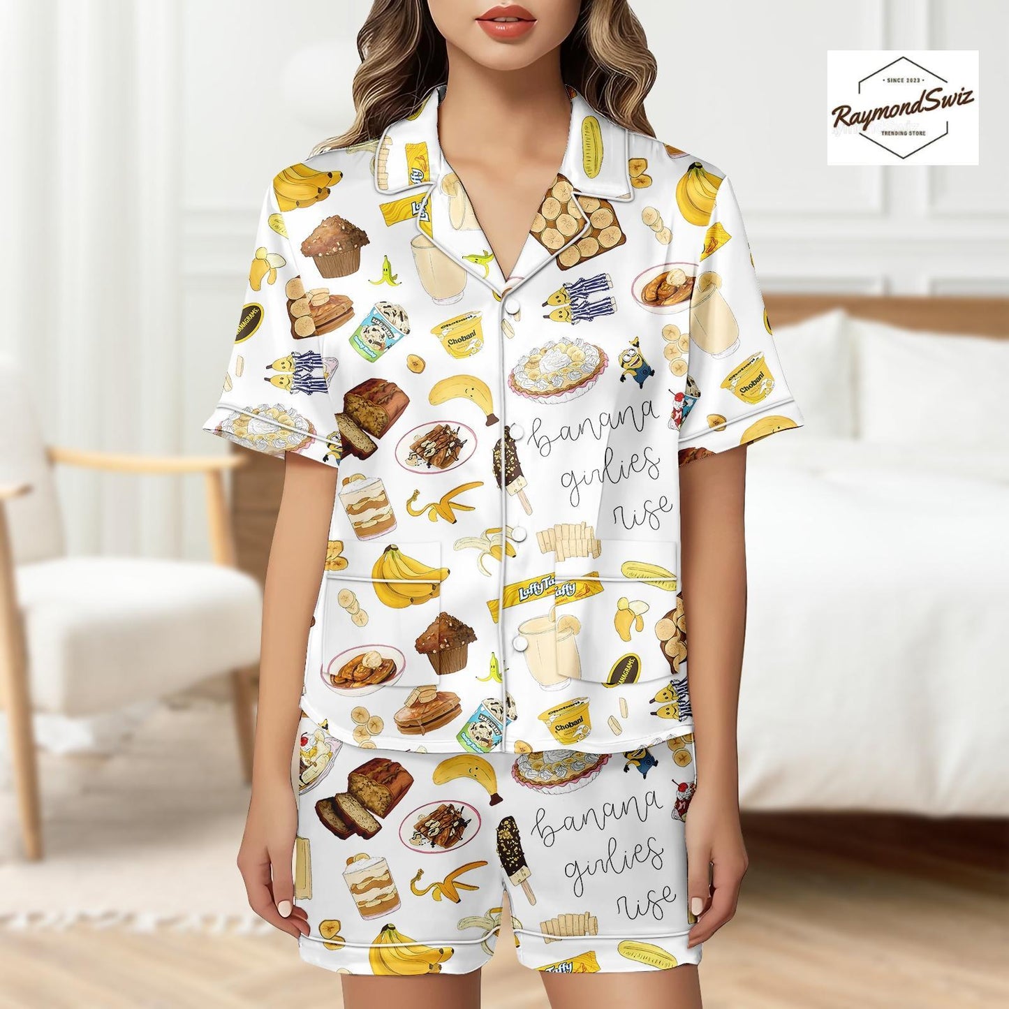 Banana & Foods Pajama Set, Cute Art Pattern PJs, Matching Pyjamas, Button Shirt PJs, Minions Cartoon