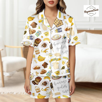 Banana & Foods Pajama Set, Cute Art Pattern PJs, Matching Pyjamas, Button Shirt PJs, Minions Cartoon