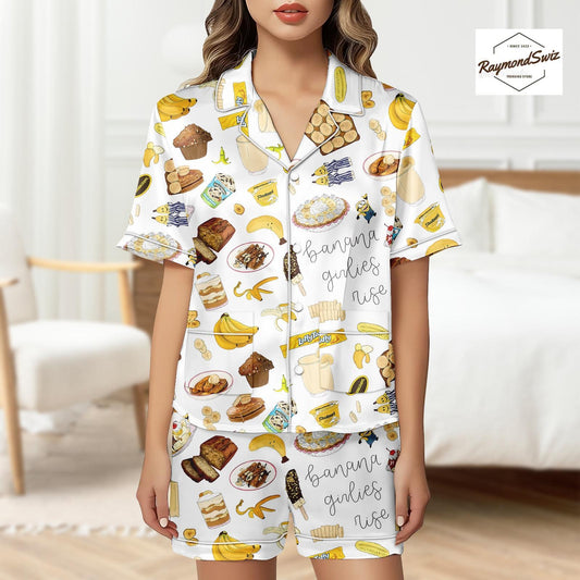 Banana & Foods Pajama Set, Cute Art Pattern PJs, Matching Pyjamas, Button Shirt PJs, Minions Cartoon