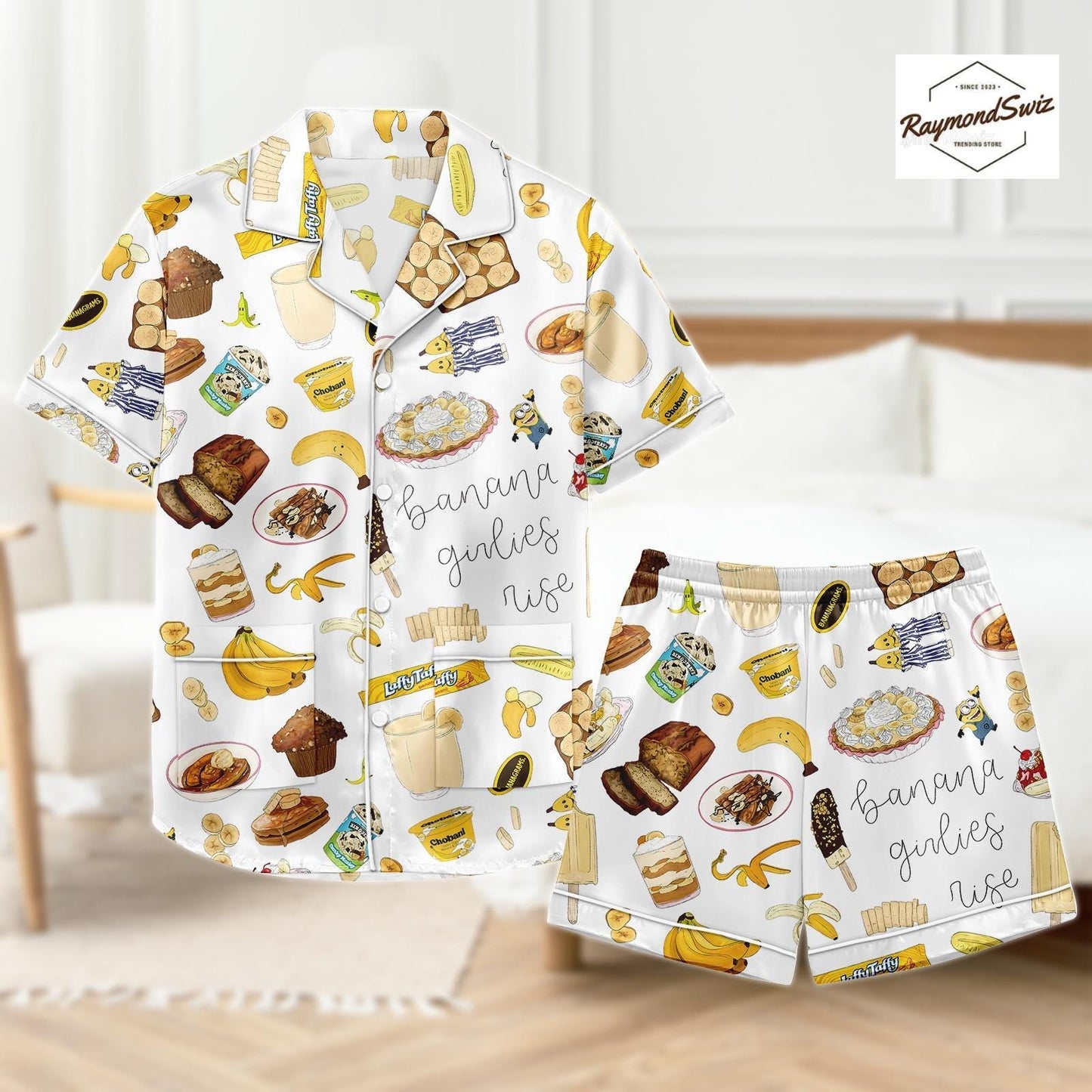 Banana & Foods Pajama Set, Cute Art Pattern PJs, Matching Pyjamas, Button Shirt PJs, Minions Cartoon