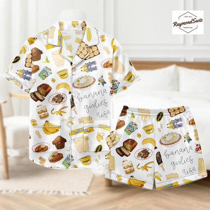 Banana & Foods Pajama Set, Cute Art Pattern PJs, Matching Pyjamas, Button Shirt PJs, Minions Cartoon