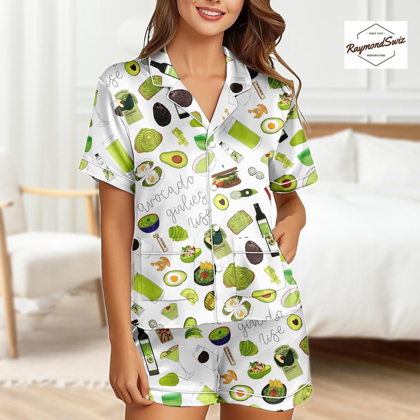 Avocado Print Pajamas Set, Green Pattern Button Shirt PJs, Short Sleeve Pyjama, Shorts Pajama, Matching Set for Women