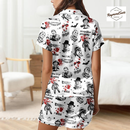 Killer Character Sketch Pajama Set, Halloween Button Shirt PJs, Matching Spooky PJs, Halloween Shorts