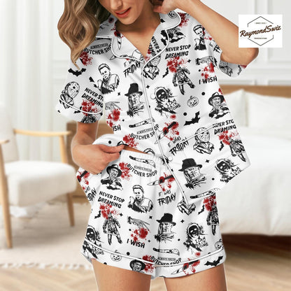 Killer Character Sketch Pajama Set, Halloween Button Shirt PJs, Matching Spooky PJs, Halloween Shorts