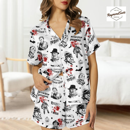 Killer Character Sketch Pajama Set, Halloween Button Shirt PJs, Matching Spooky PJs, Halloween Shorts