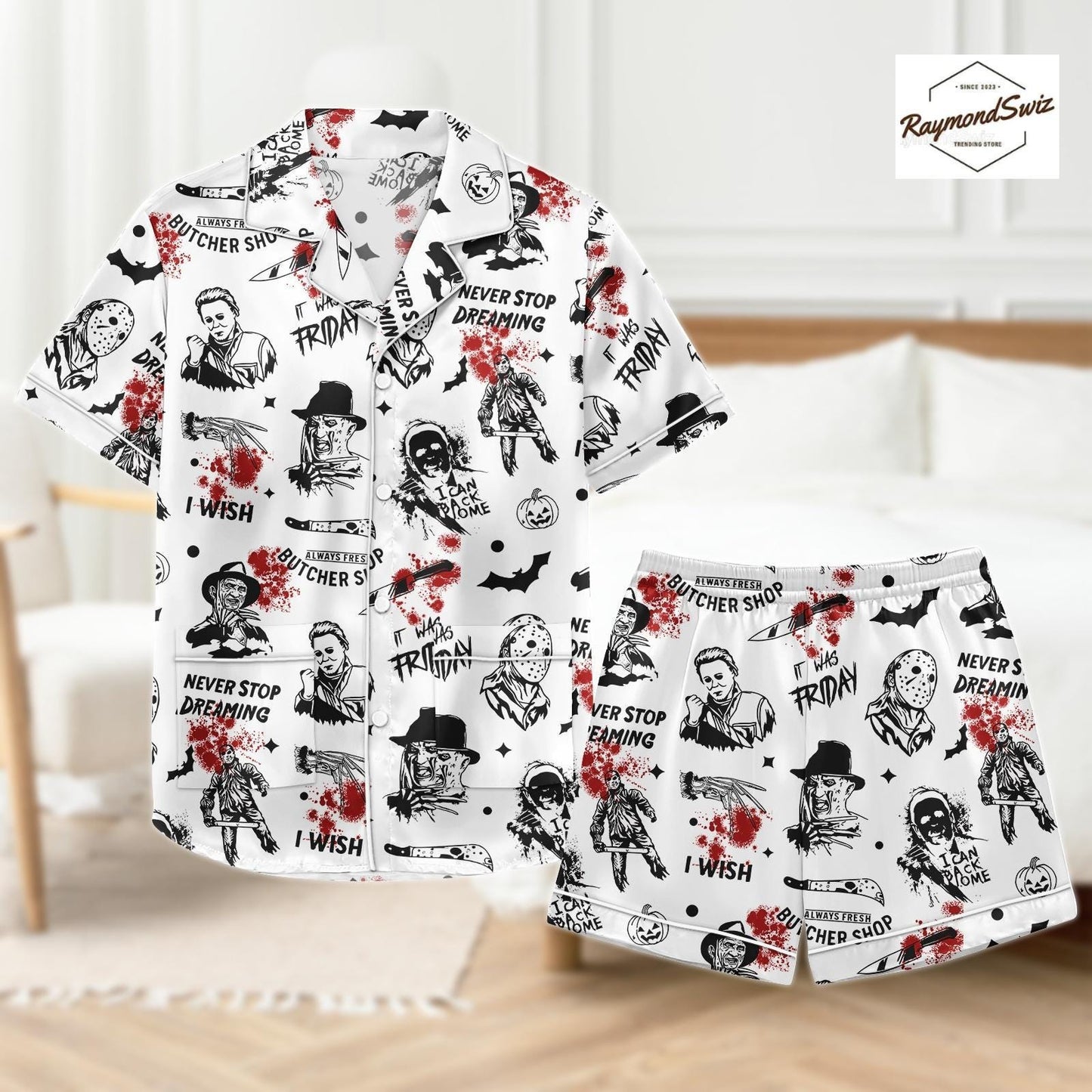 Killer Character Sketch Pajama Set, Halloween Button Shirt PJs, Matching Spooky PJs, Halloween Shorts