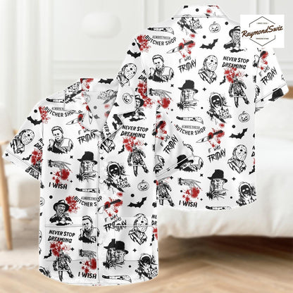 Killer Character Sketch Pajama Set, Halloween Button Shirt PJs, Matching Spooky PJs, Halloween Shorts