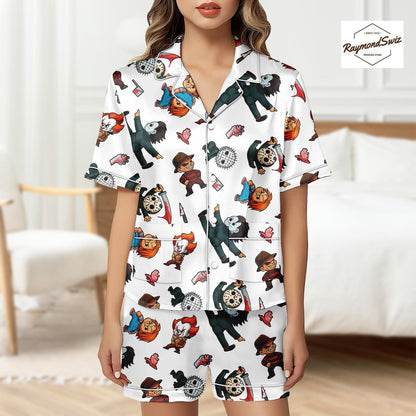 Chibi Halloween Characters PJs Set, Kawaii Halloween Button Pajama, Costume Set for Halloween, Halloween Merch