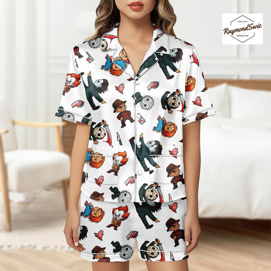 Chibi Halloween Characters PJs Set, Kawaii Halloween Button Pajama, Costume Set for Halloween, Halloween Merch