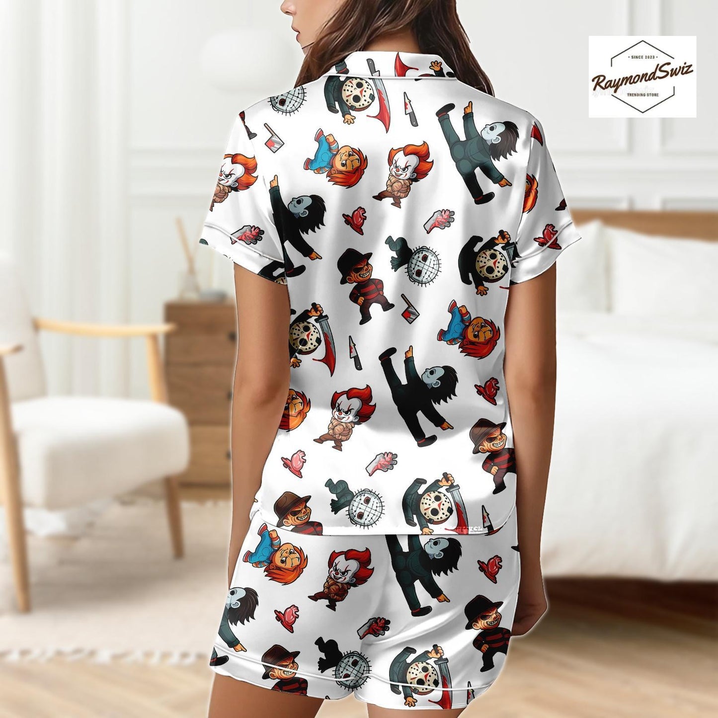 Chibi Halloween Characters PJs Set, Kawaii Halloween Button Pajama, Costume Set for Halloween, Halloween Merch