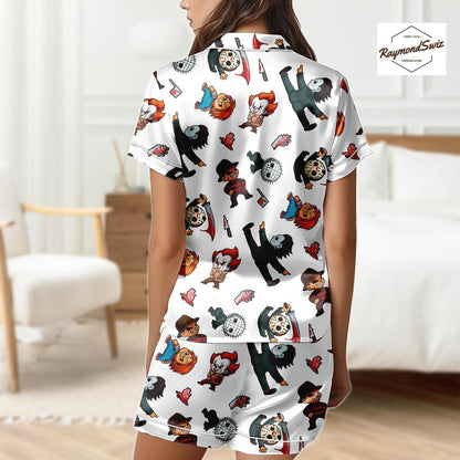 Chibi Halloween Characters PJs Set, Kawaii Halloween Button Pajama, Costume Set for Halloween, Halloween Merch