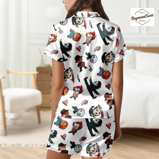 Chibi Halloween Characters PJs Set, Kawaii Halloween Button Pajama, Costume Set for Halloween, Halloween Merch