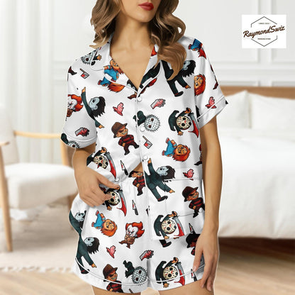 Chibi Halloween Characters PJs Set, Kawaii Halloween Button Pajama, Costume Set for Halloween, Halloween Merch