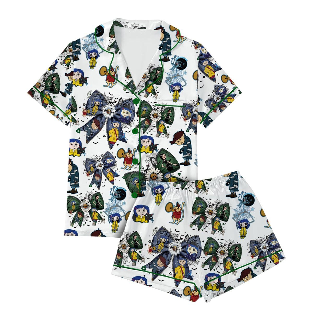 Halloween Doll Button Eyes Pajamas Set, Horror Cartoon Movie Shirt, Cartoon Character Pajamas