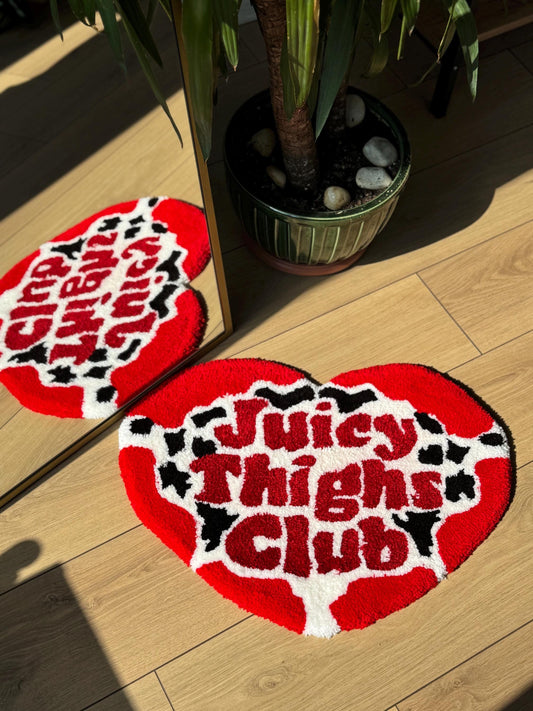 Handmade Juicy Thighs Club Heart Tufted Rug Red Black White Statement Carpet Funky Aesthetic Room Soft Floor Mat 60x45cm Gift Idea