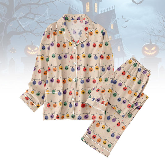 Halloween Pajama Set for Women, Pumpkin Satin Sleepwear, Spooky Jack O'Lantern PJs, Long Sleeve Fall Loungewear, Trick or Treat Outfit