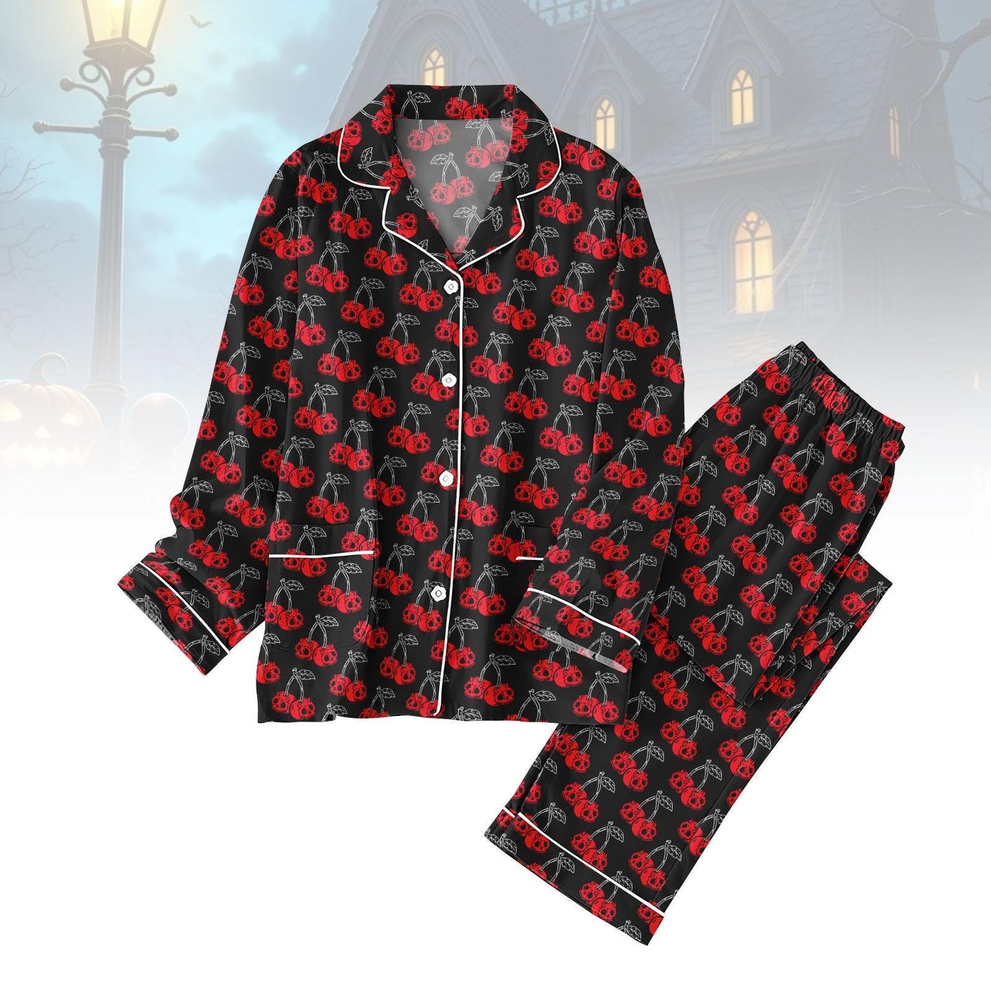 Halloween Skeleton Cherry Thick Pajamas, Black Long Sleeve Pajama Set for Women, Coquette Fruity Sleepwear, Y2k Loungewear Outfit