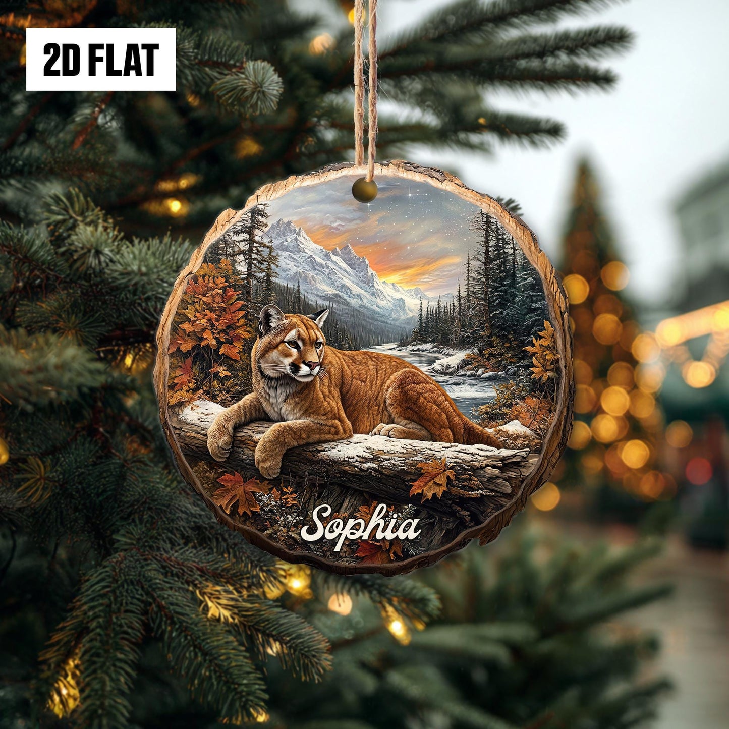 Personalized Cougar 2D Flat Ornament, Custom Name Christmas Tree Ornament, Wildlife Christmas Ornament, Nature Lover's Gift for Holiday
