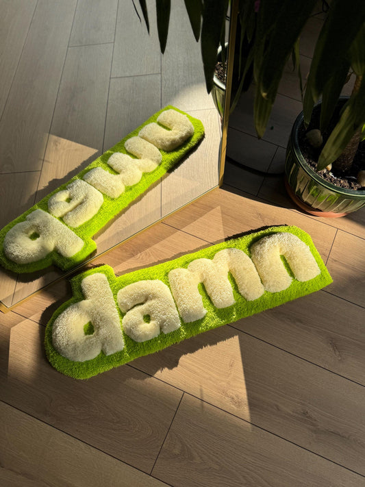 Handmade Damn Tufted Rug Green Beige Text Carpet Funky Modern Aesthetic Soft Floor Mat Cool Room Dorm Decor 80x30cm Gift Idea