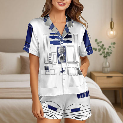 R2D2 Star Wars Satin Pajama Set, Cosplay Costume Pjs, Sci Fi Lounge Shorts for Men and Women, Halloween Gift For Women