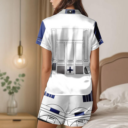 R2D2 Star Wars Satin Pajama Set, Cosplay Costume Pjs, Sci Fi Lounge Shorts for Men and Women, Halloween Gift For Women