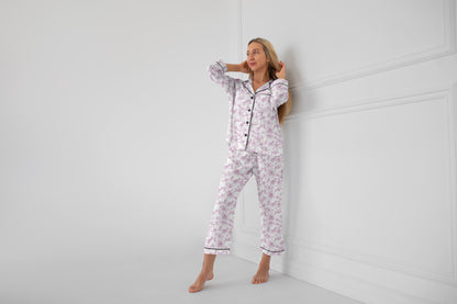 Toile de Jouy Inspired Bridal Pajama Set – Satin Getting Ready Outfit for Brides and Bridesmaids