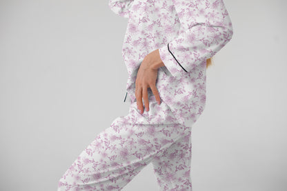 Toile de Jouy Inspired Bridal Pajama Set – Satin Getting Ready Outfit for Brides and Bridesmaids