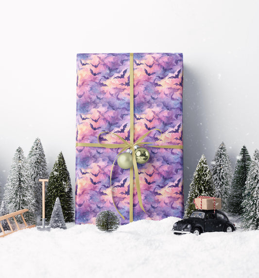 Pastel Goth Halloween Wrapping Paper Roll Watercolor Creepy Cute Ghost Bat Witch Starry Night Design #4