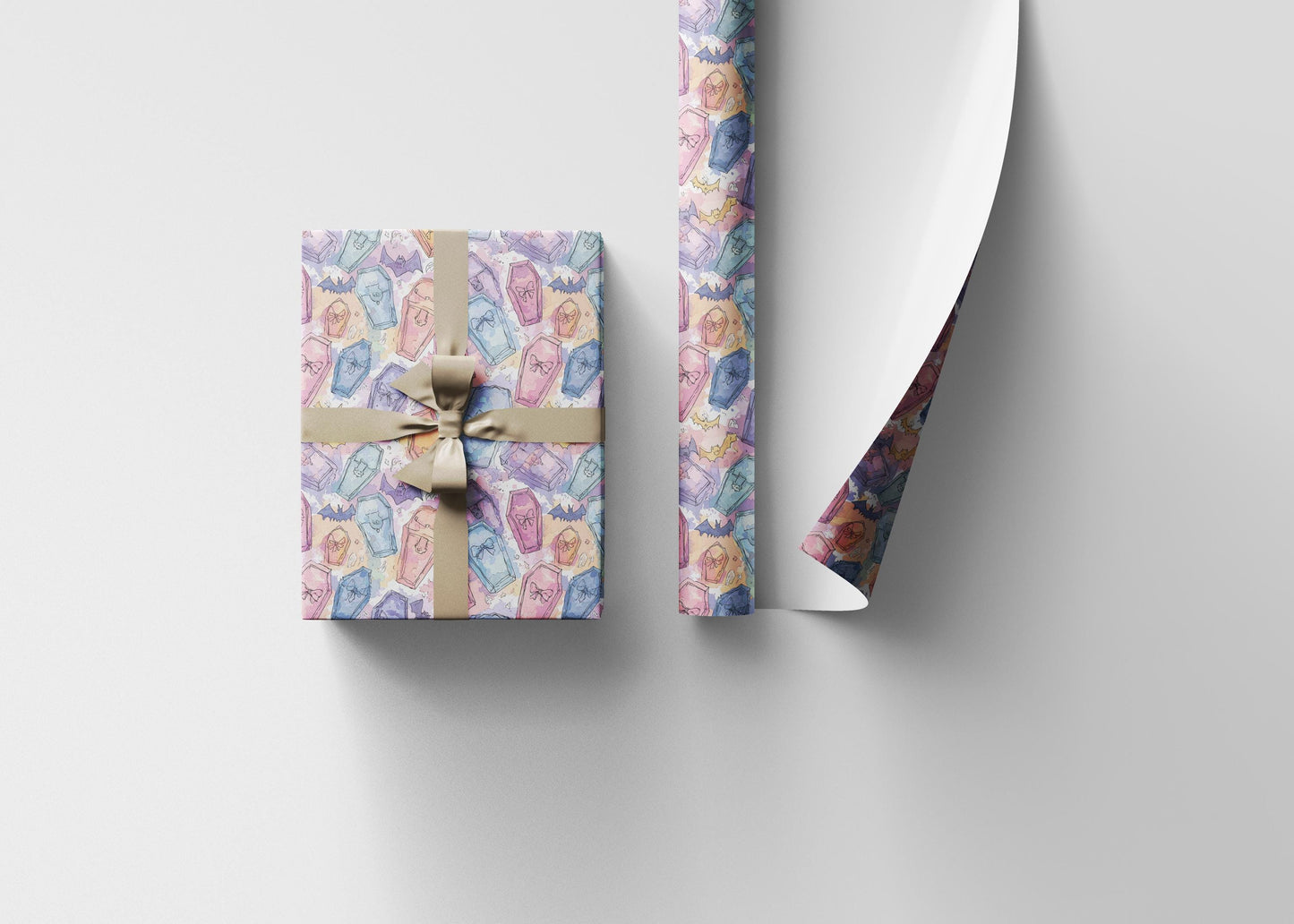 Pastel Goth Halloween Wrapping Paper Roll Watercolor Cute Ghosts Bats Witch Creepy Alternative #13