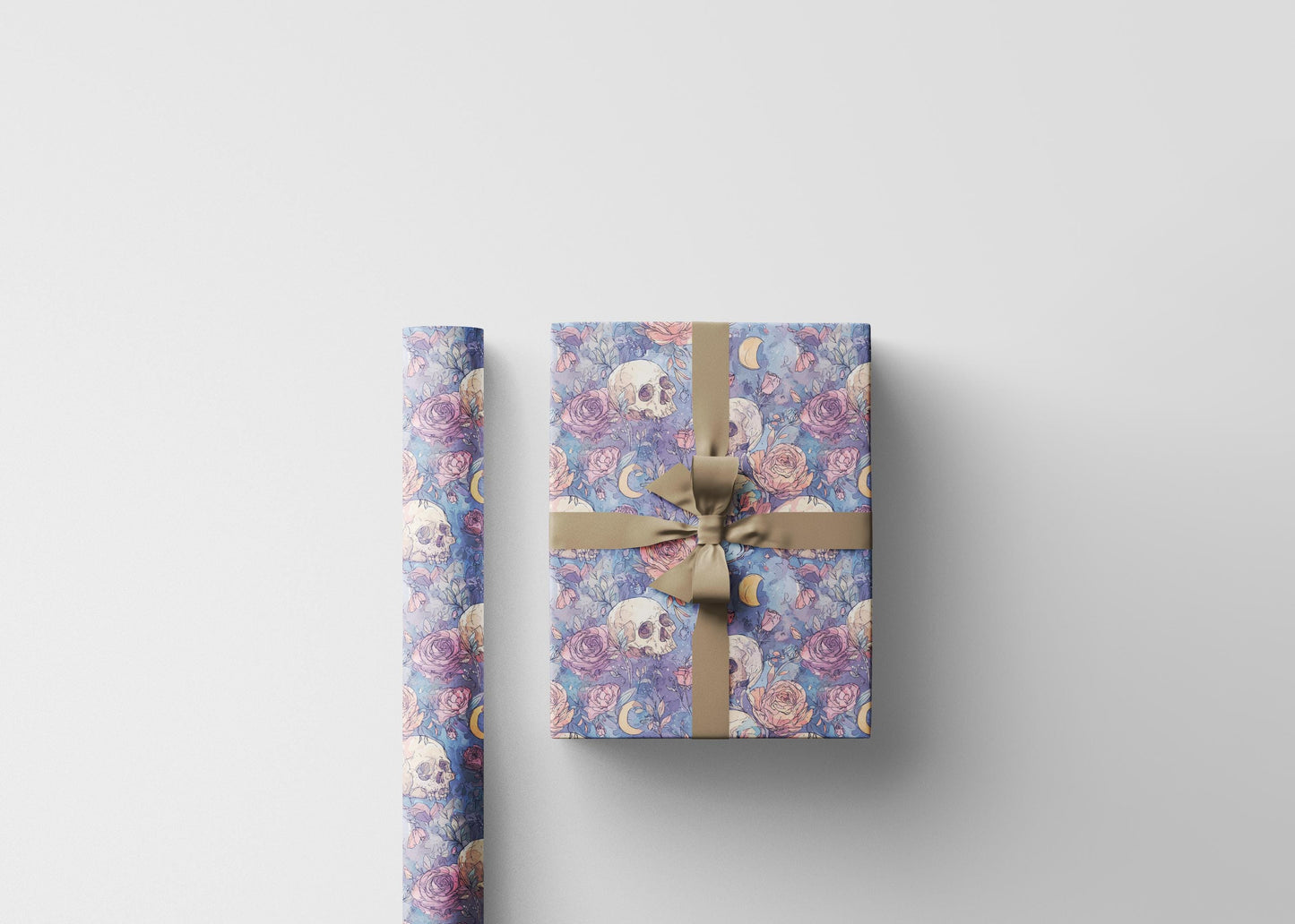Pastel Goth Halloween Wrapping Paper Roll Watercolor Cute Spooky Ghost Bat Moon Stars Design #9