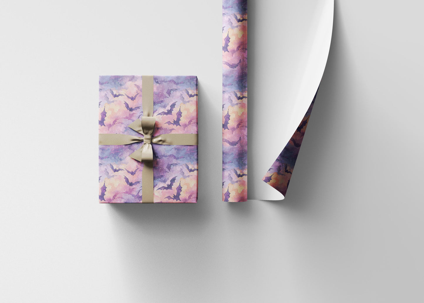 Pastel Goth Halloween Wrapping Paper Roll Watercolor Creepy Cute Ghost Bat Witch Starry Night Design #4