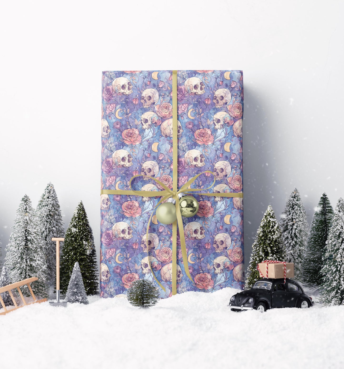 Pastel Goth Halloween Wrapping Paper Roll Watercolor Cute Spooky Ghost Bat Moon Stars Design #9