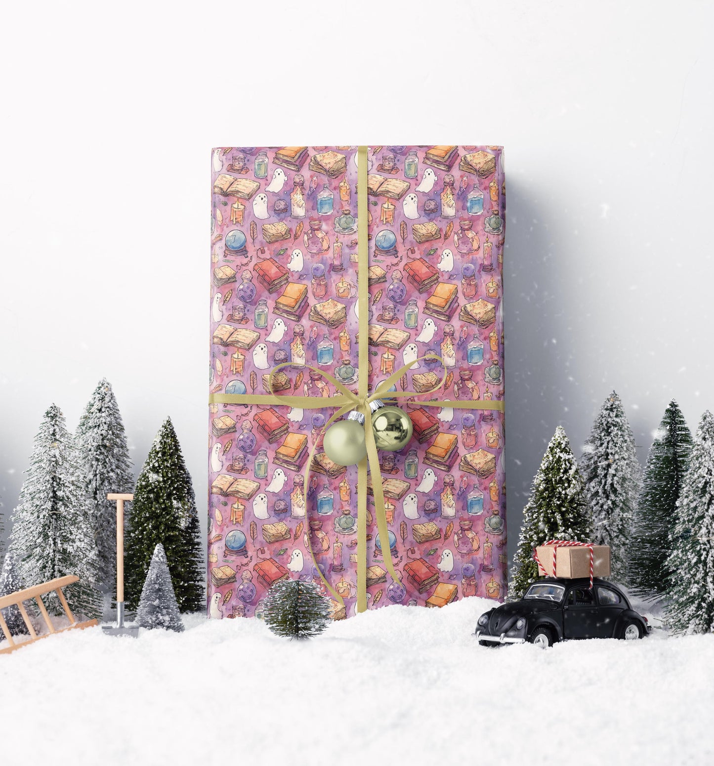 Pastel Goth Halloween Wrapping Paper Roll Watercolor Ghost Bat Witch Stars Skeleton Cute Print #21
