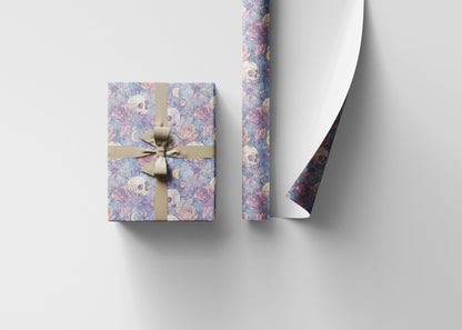 Pastel Goth Halloween Wrapping Paper Roll Watercolor Cute Spooky Ghost Bat Moon Stars Design #9
