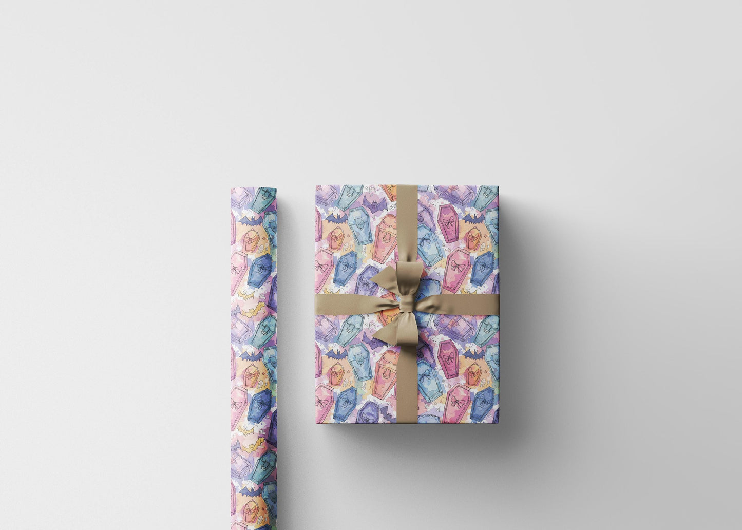 Pastel Goth Halloween Wrapping Paper Roll Watercolor Cute Ghosts Bats Witch Creepy Alternative #13