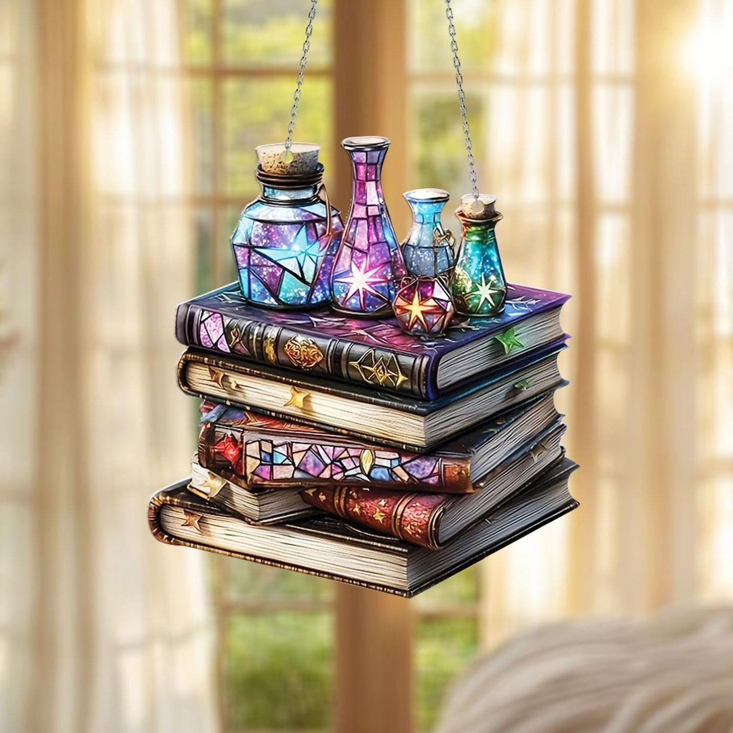 Magical Potion Books Window Hanging Decor – Fantasy Witchy Room Aesthetic, Book Lover Gift, Wizard Alchemy Shelf Decor for Home & Office