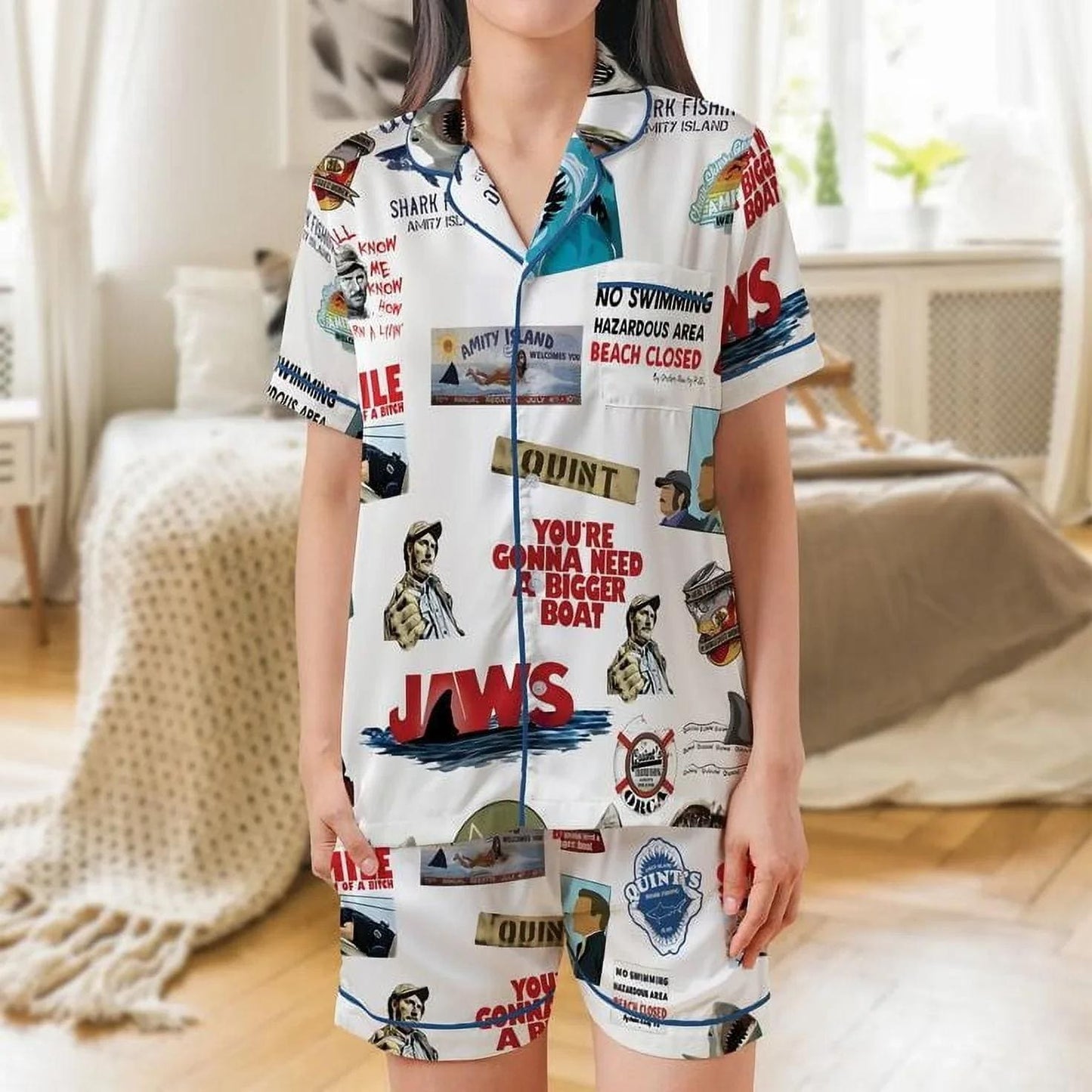 Jaws Shark Movie Retro Satin Pajamas, Vintage Summer Horror Pajamas  Pajamas Set