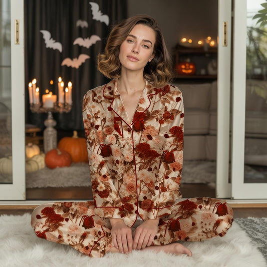 Elegant Satin Floral Pajama Set for Women with Deep Red and Beige Roses,Vintage Cozy Sleepwear for Autumn and Winter Nights,Vintage Rose Pjs