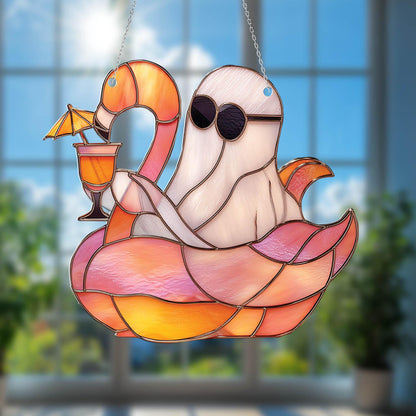 Summer Ghost Window Hanging – Funny Halloween Flamingo Decor with Cocktail, Spooky Cute Beach Vibe Gift for Her, Poolside or Patio Accent