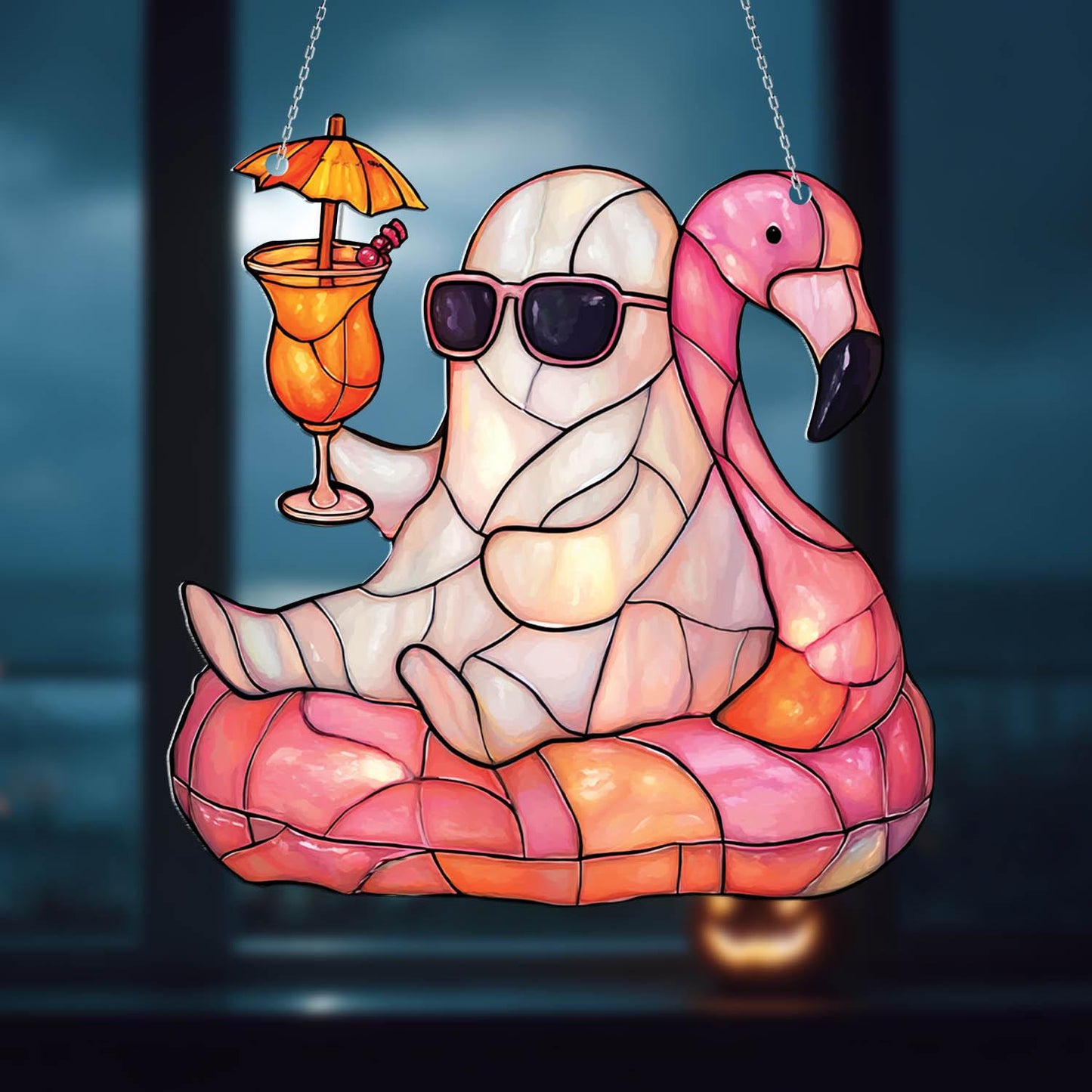 Summer Ghost Window Hanging – Funny Halloween Flamingo Decor with Cocktail, Spooky Cute Beach Vibe Gift for Her, Poolside or Patio Accent